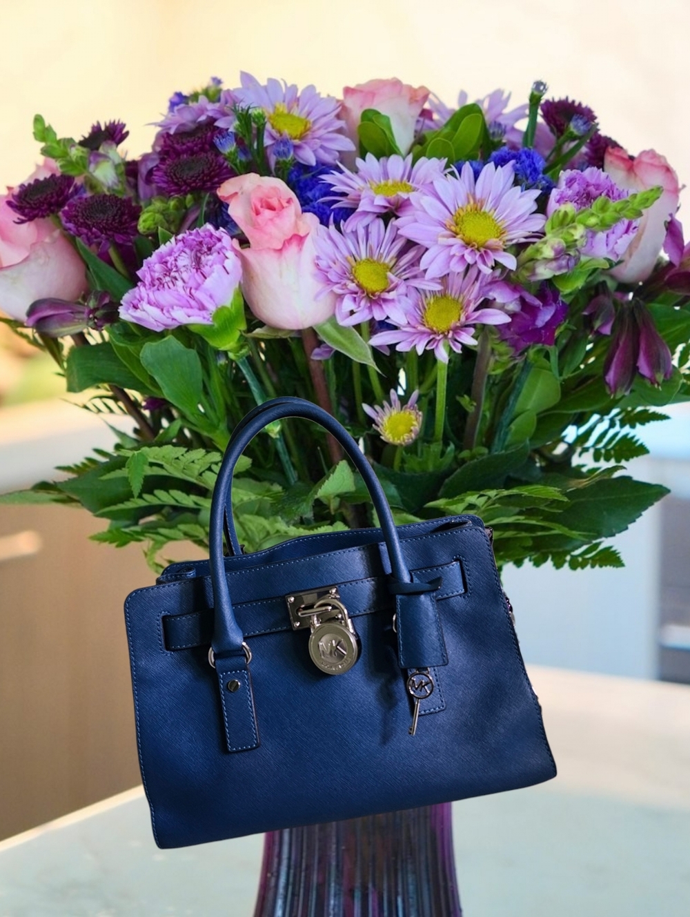 Michael Kors Hamilton Navy Blue Saffiano Leather Top-Handle Satchel